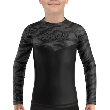 Kids BJJ Rash Guard Black Tiger Camo X-Tech 25 Series XMARTIAL